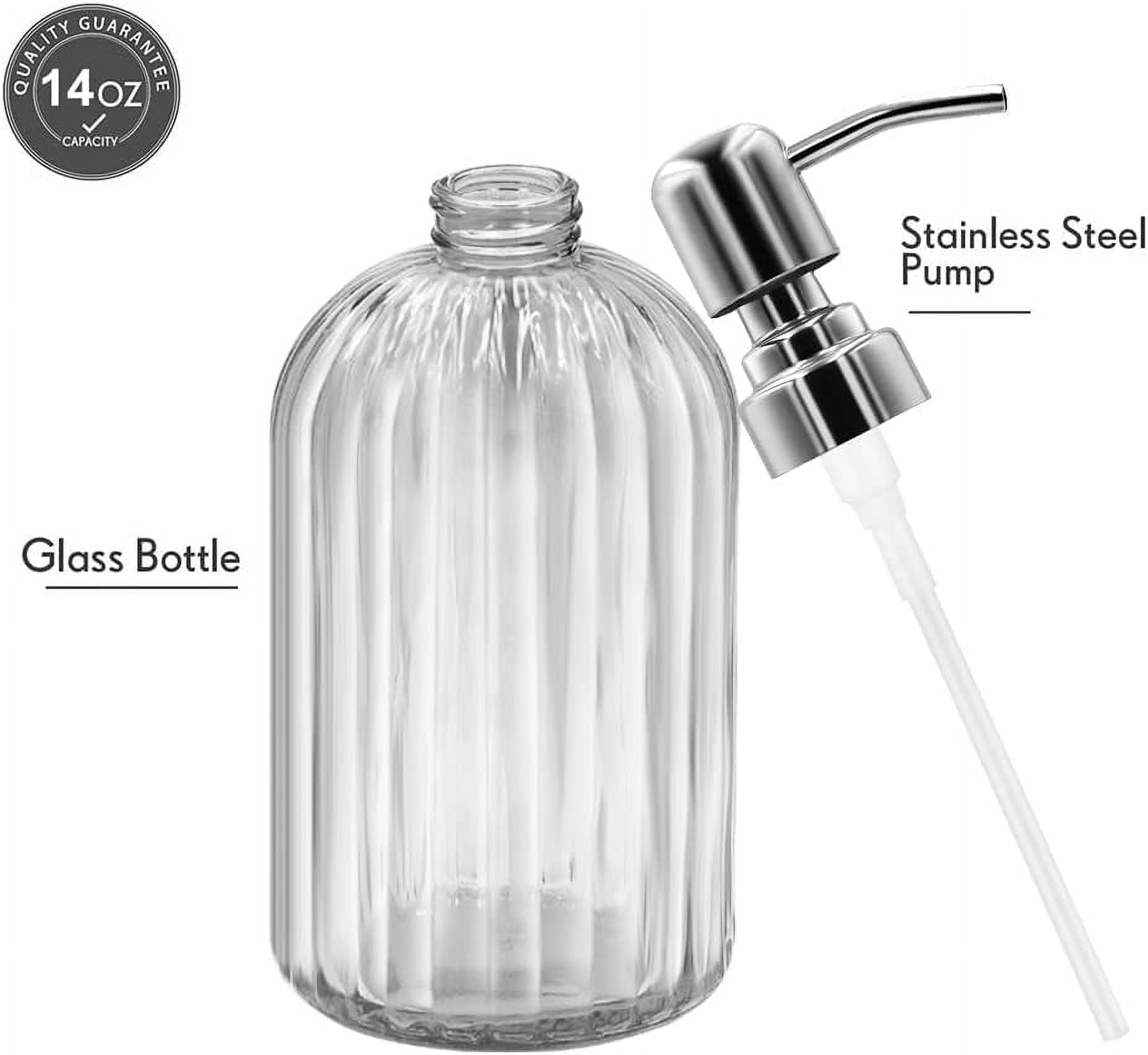 Elegant Stylish Art Soap Dispenser, Clear Glass With Rust Proof Stainless Steel  , Fits Any Soap For Kitchen And Bathroom, Gorgeous Design Refillable Liquid Soap, 14 Oz