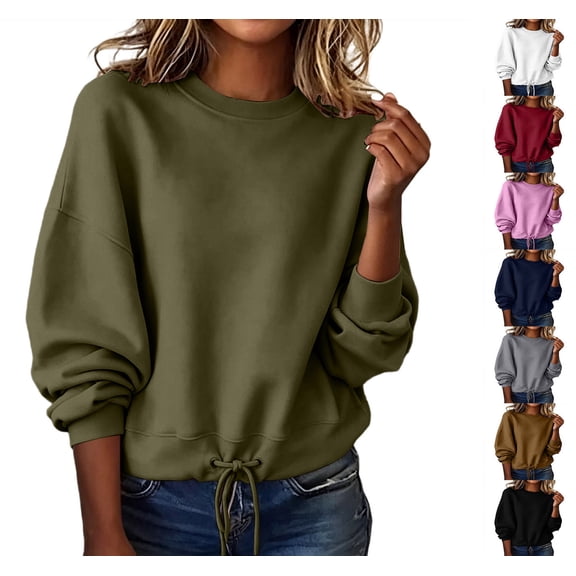 XRoczxe Women Crew Neck Long Sleeve Pullover Sweatshirt Drawstring Hem No Hood Casual Solid Top Multi Color Layering Shirt for Autumn Winter