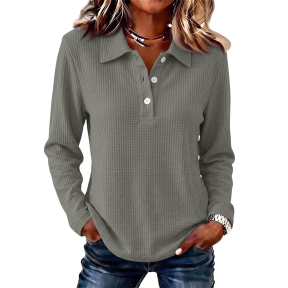 Hsovts Women's Cotton Collared Long Sleeve Polo Shirt Preppy Solid Shirts Tops Assorted Colors Easy‑Match Jeans Pants Outfits Gray 3xL