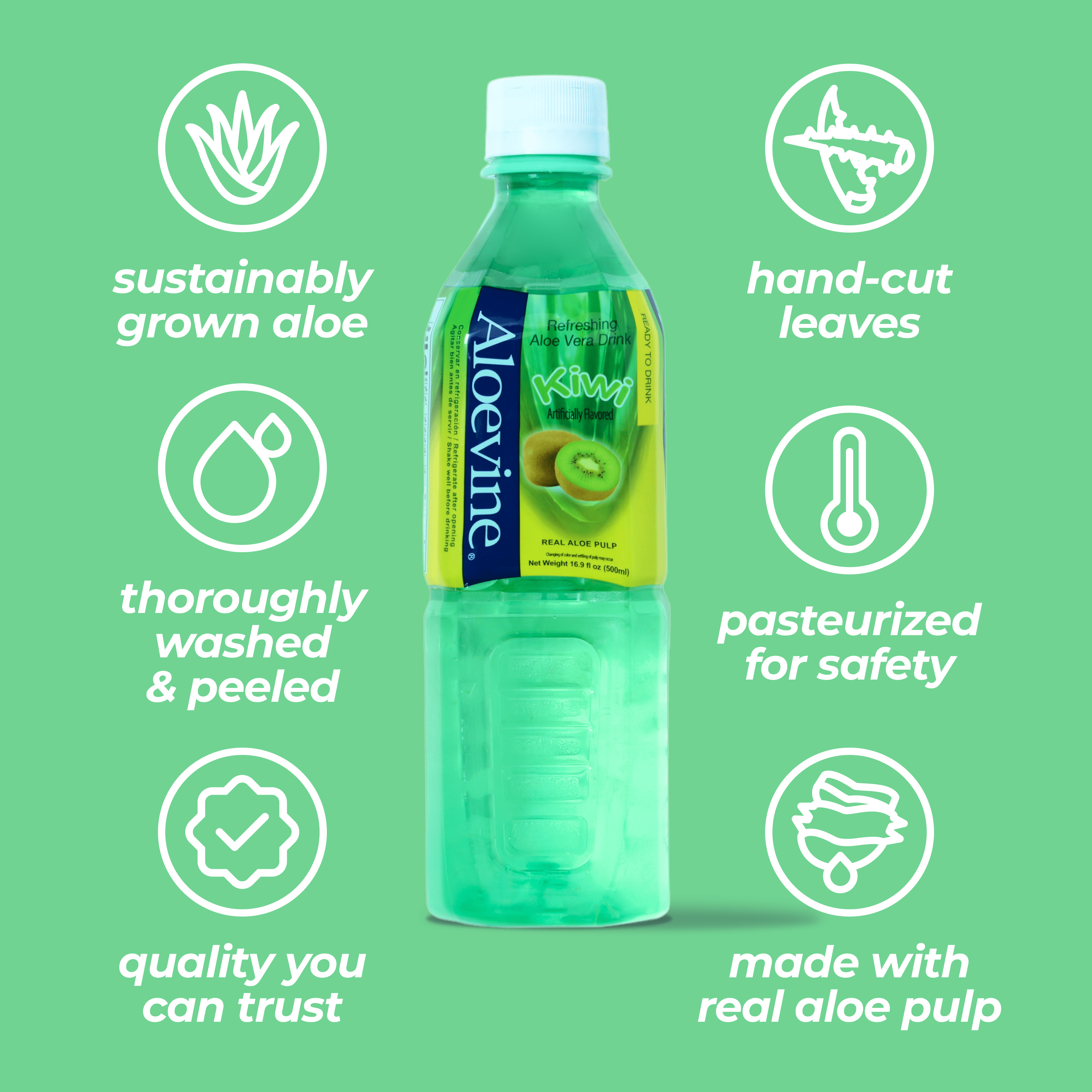 Aloevine Kiwi Aloe Vera Drink with Aloe Pulp, 16.9 fl oz, 10 Count Bottles
