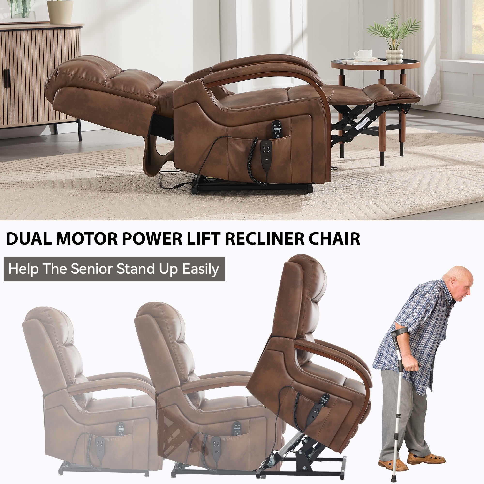 MAYEERTY Brown Leatheraire Dual Motor Power Lift Recliner, 350lbs Solid Wood Armrest Massage Heat 30"x36"x43" for Elderly