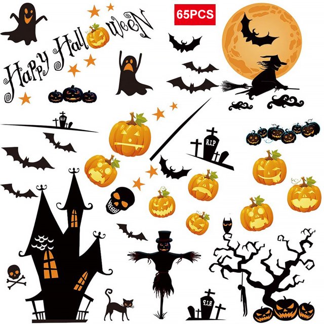 Inteprter Pegatinas de pared de 65 piezas, bricolaje, calabaza de Halloween, calcomanía de vidrio para refrigerador, decoración extraíble, espejo, para Kits de decoración para fiestas Inteprter HA000299-00