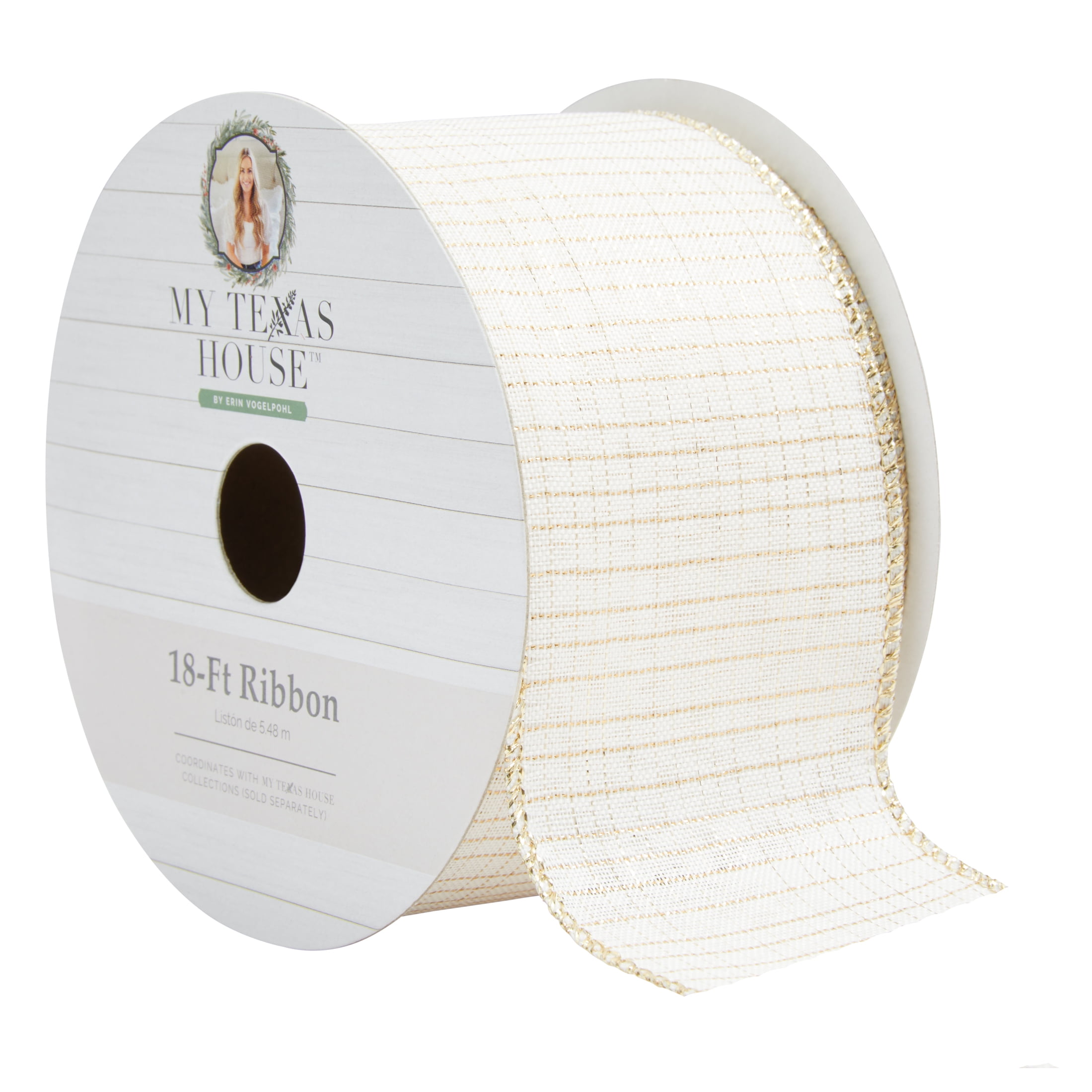 My Texas House White and Gold Plaid Ribbon, 18 ft