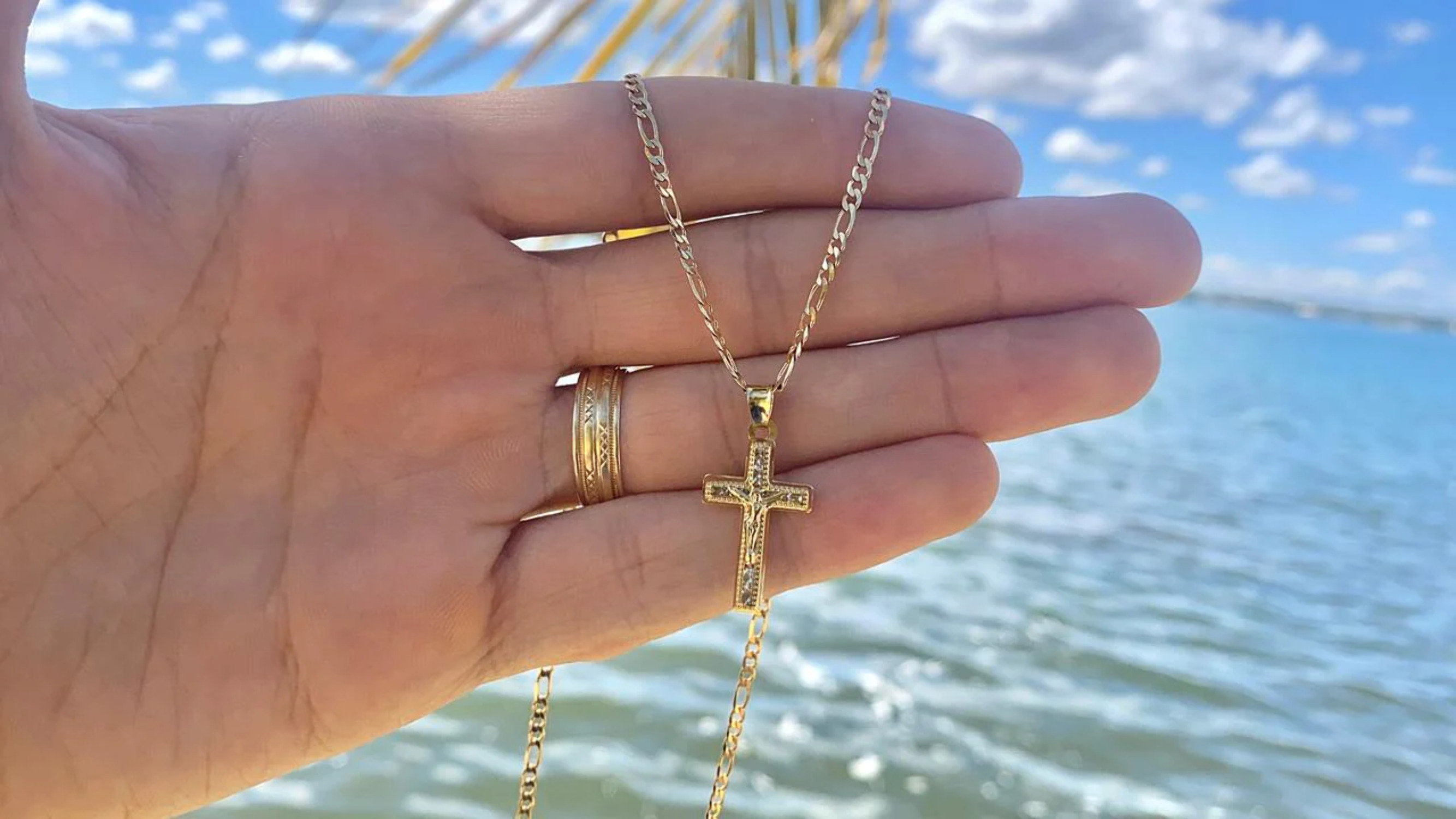 Figaro Chain With Cross Boys Cross Necklace Gold CZ Cross Charm 