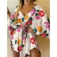 thumbnail image 2 of Women Print Dress Sexy V-Neck Bat Sleeve Ruffl Flowers Print Bohemian Beach Sundress Ladies Loose Summer Vacation Mini Dresses, 2 of 10