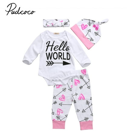 

Emmababy Baby Girls Outfit Set Long Sleeve Letter Envelope Neck Romper Long Heart Pant Bow Hair Band Beanie Hat Set