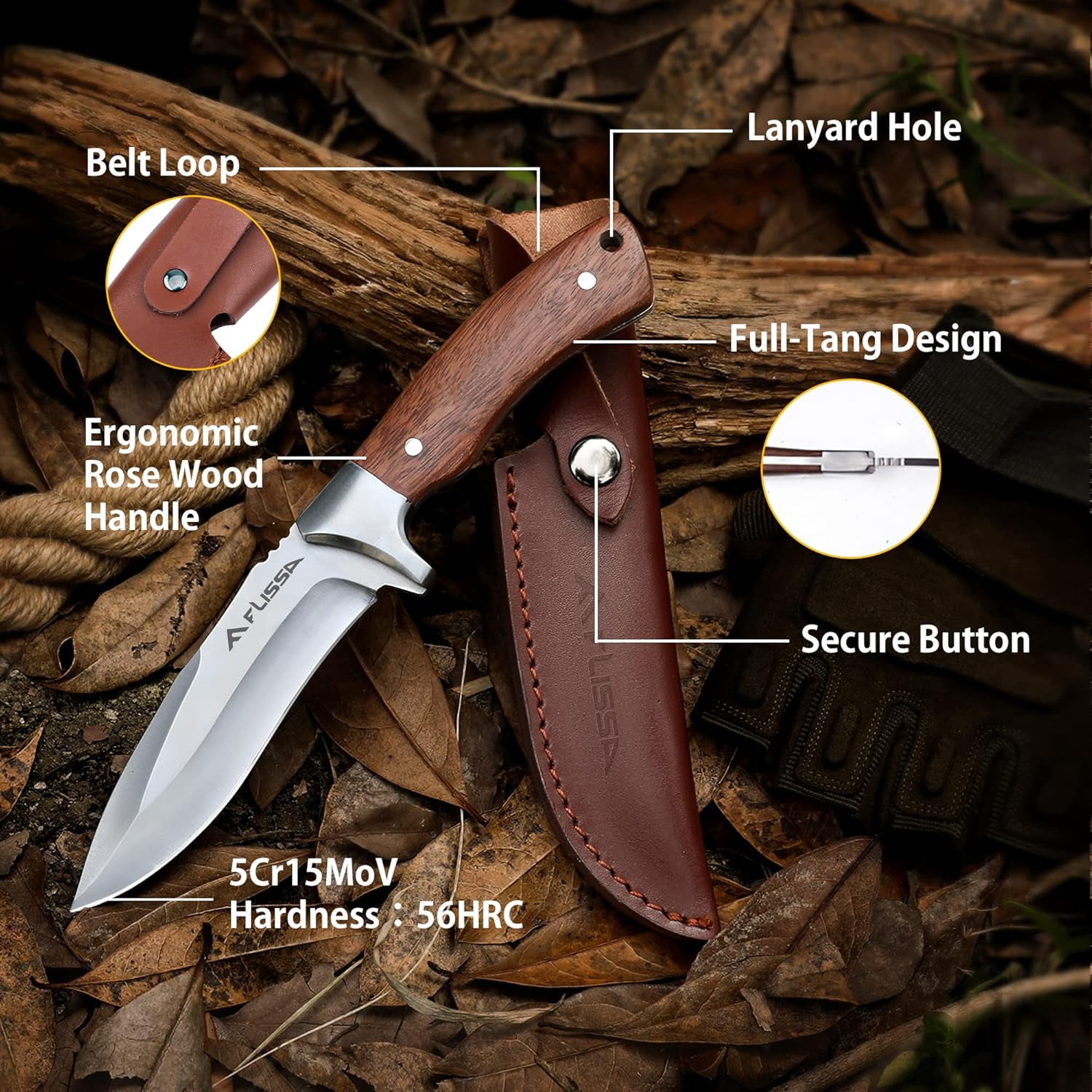 FLISSA Fixed Blade Knife with Sheath, 9.8'' Full Tang Hunting Knife with High Carbon Steel Blade, Non-Slip Rose Wooden Handle, Lanyard Hole, Camping Knives for Hiking, Hunting, Survival, Camping