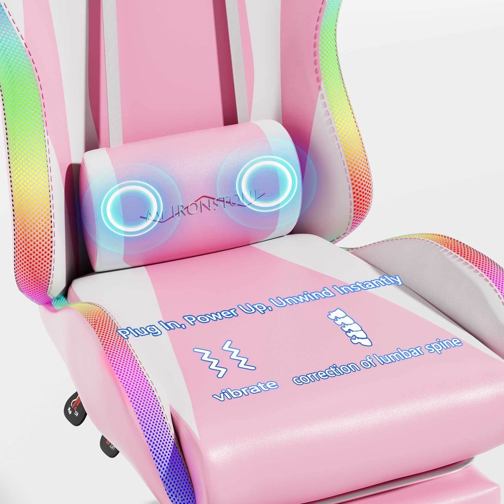 Mr IRONSTONE Gaming Chair for Adults, 7 Point Massage Computer Chair with Bluetooth Speakers RGB, Heavy Duty 400lbs Ergonomic PC Chair with 3D Armrests Footrest, Pink/White