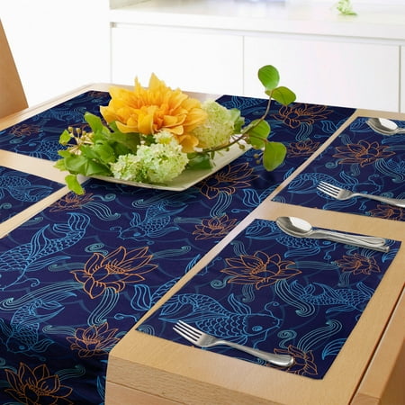 

Fish Table Runner & Placemats Oriental Koi Fish Floral Arrangement Petals and Leaves Doodle Style Animal Set for Dining Table Placemat 4 pcs + Runner 14 x72 Royal Blue Aqua Orange by Ambesonne
