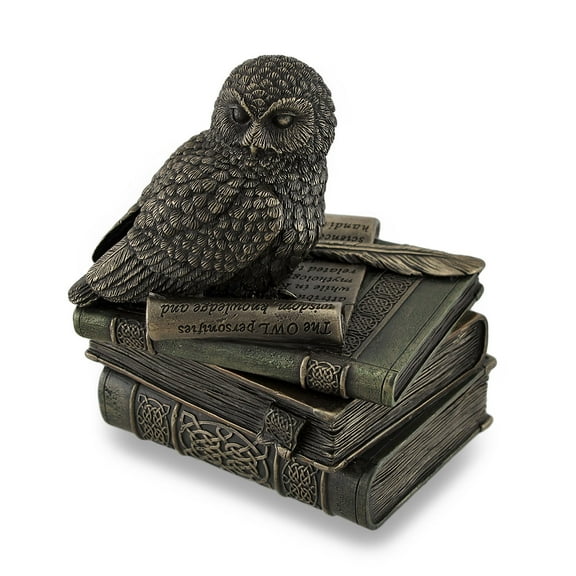 Veronese Design Owl Perched On Stack of Books Bronzed Trinket Box/Stash Box Statue