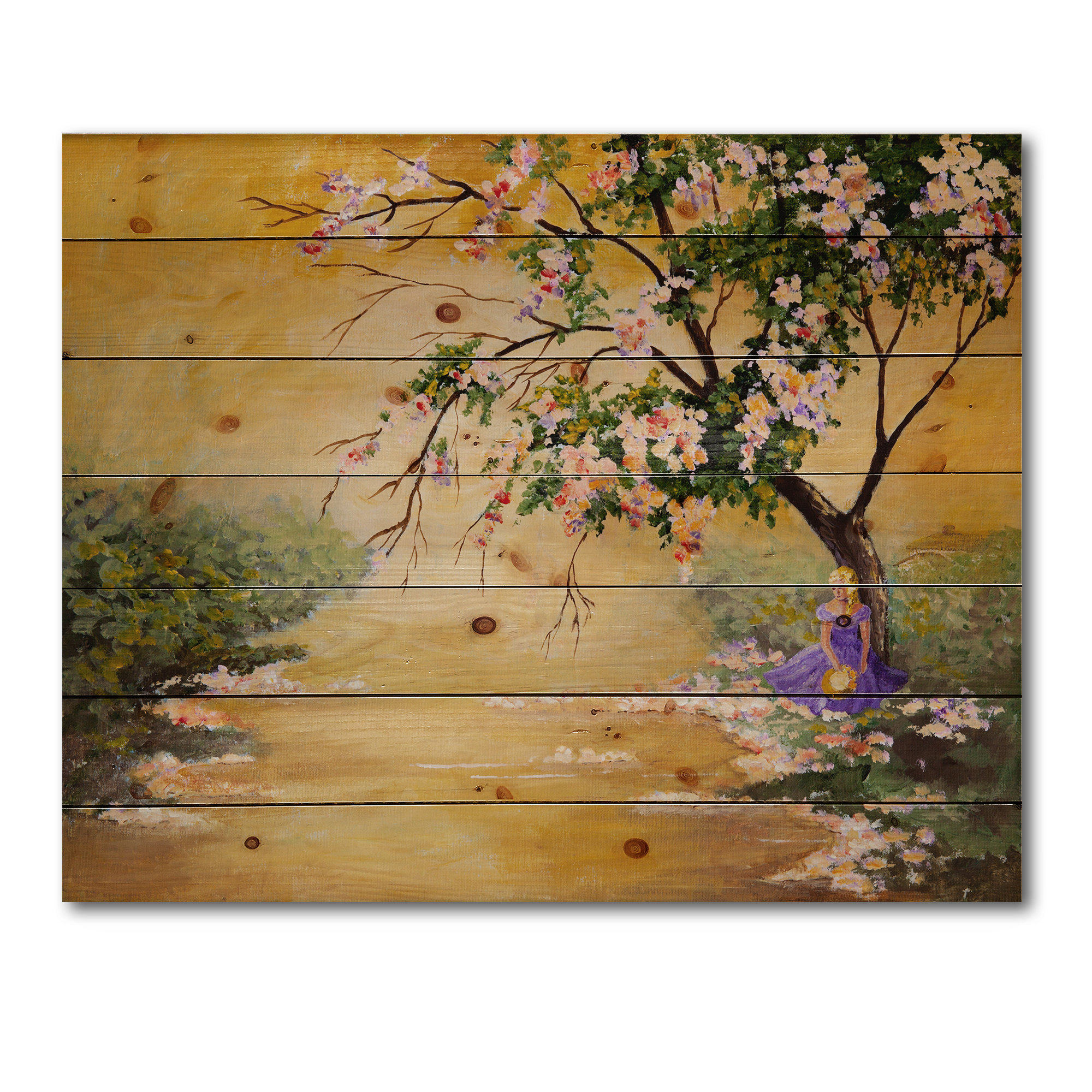 Designart 'Beautiful Girl Standing By The Flowering Tree' Traditional Print on Natural Pine Wood