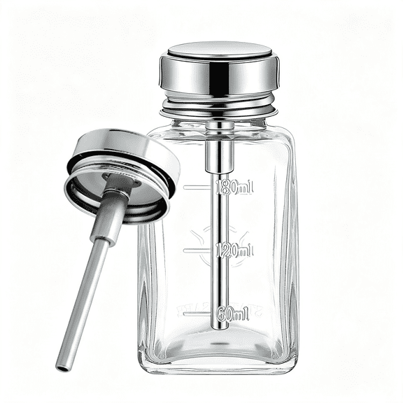 NORIZF 180 Ml Glass Push Down Pump Dispenser-Leak-Proof Acetone Dispenser for Nail Polish Remover,Essential Oils,Cleaning Solutions-Durable,Refillable,Pump Bottle for Nail Salons,Labs,Or Home Use