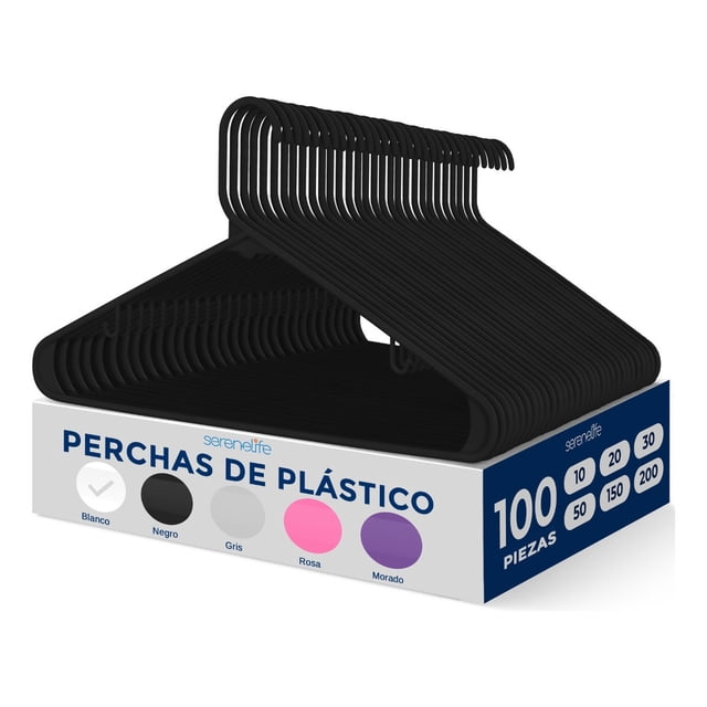 Ganchos de Plastico Premium SereneLife, Antideslizantes, Ahorradores de Espacio, Duraderos y Resistentes, para Camisas, Suéteres, Sudaderas, Abrigos, Pantalones y Vestidos, Negro, Pack 100