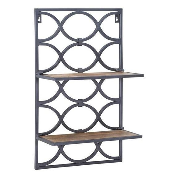 Linon Eli Wall Shelves Natural Distressed Wood Interwoven Iron Frame in Charcoal