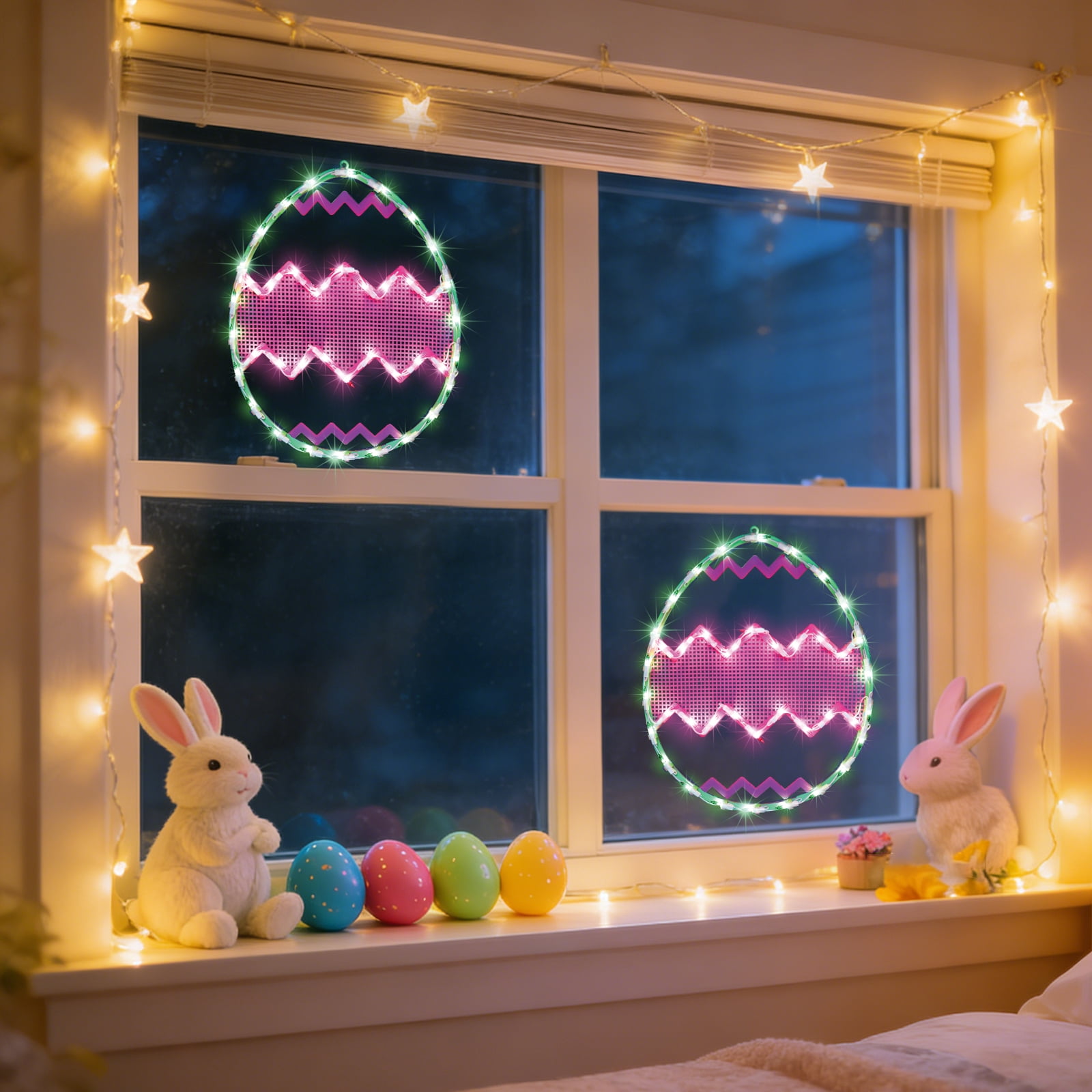 3 Pack 17 Inch Illuminated Easter Egg Window Decor, Green Background Featuring Pink Chevron Stripes