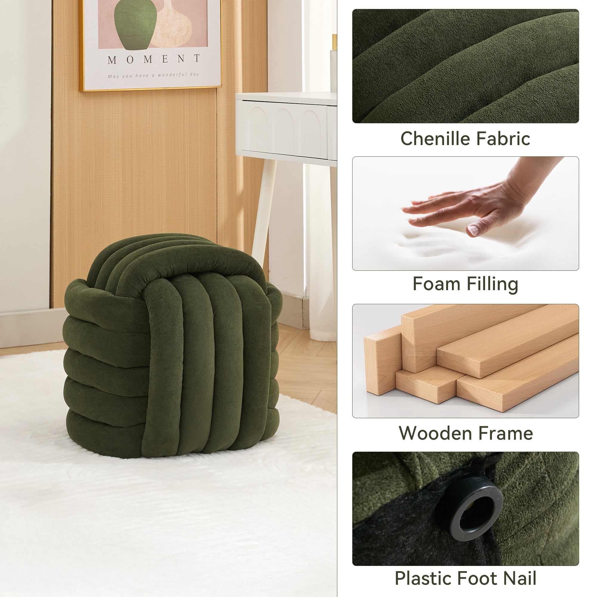 Timbernest Small Ottoman Foot Rest, Modern Stylish Chenille Foot Stool, Knot Design Makeup Stool, Green