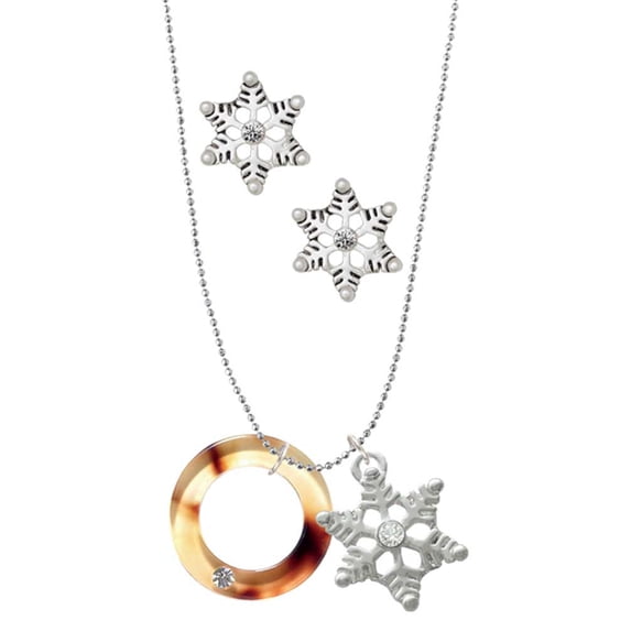 Delight Jewelry Acrylic 7/8" Ring with 4mm Crystal Mixed Brown and Yellow Silver tone Snowflake Charm Necklace and Stud Earrings