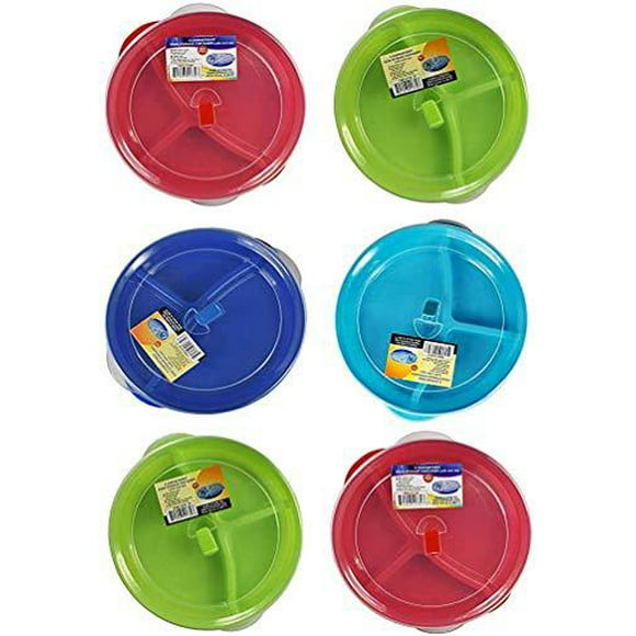 (set of 6) microwave food storage tray containers - 3 section / compartment divided plates w/ vented lid