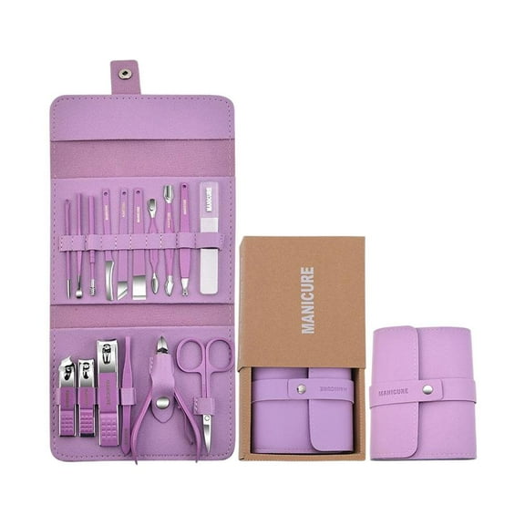 16-Piece Manicure & Pedicure Set - Professional Stainless Steel Nail Care Kit with PU Leather Case, Travel Grooming Tools(Purple)