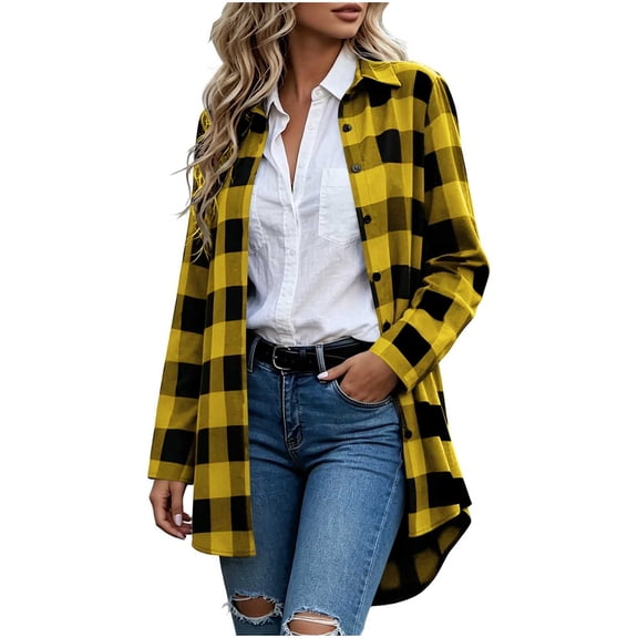 Edvintorg Womens Jackets Plaid Long Sleeve Button Down Casual Coat Lightweight Turndown Collar Loose Long Outerwear Womens Fashion Yellow L