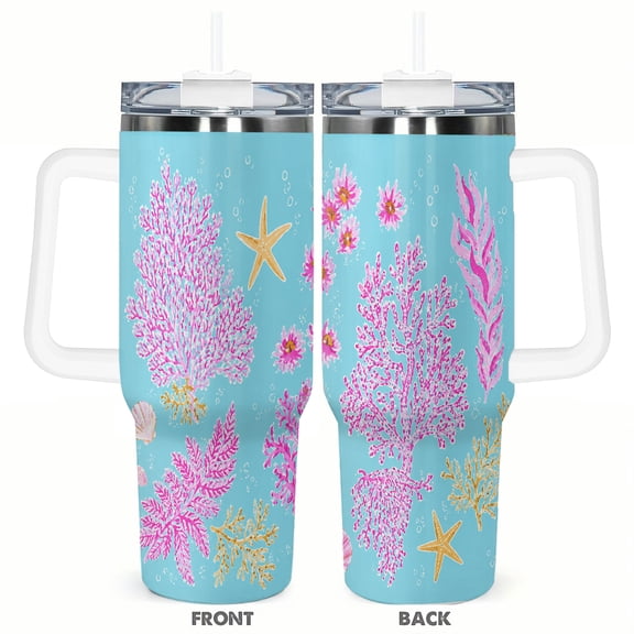 40oz Underwater Coral Reef Pink Coral Starfish Sea Shell Ocean Insulated Tumbler with Handle and Straw Travel Cup Car Cup