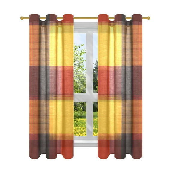 Orange Plaid Pattern Semi Sheer Curtains for Living Room Bedroom Set of 2 Insulated Window Drapes