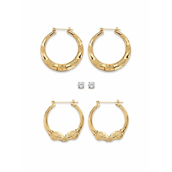 PalmBeach Jewelry Cubic Zirconia 3-Pair Set of Round Stud and Textured Hoop Earrings 4 TCW in Goldtone 2"