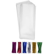 200 Clear Small Long Candy Cello Treat Bags 2x10 with 4" Twist Ties 6 Mix Colors - 1.4mils Thickness OPP Poly Bags for Birthday Favor Candles Pretzel Icy Candy Popsicle (2'' x 10'')