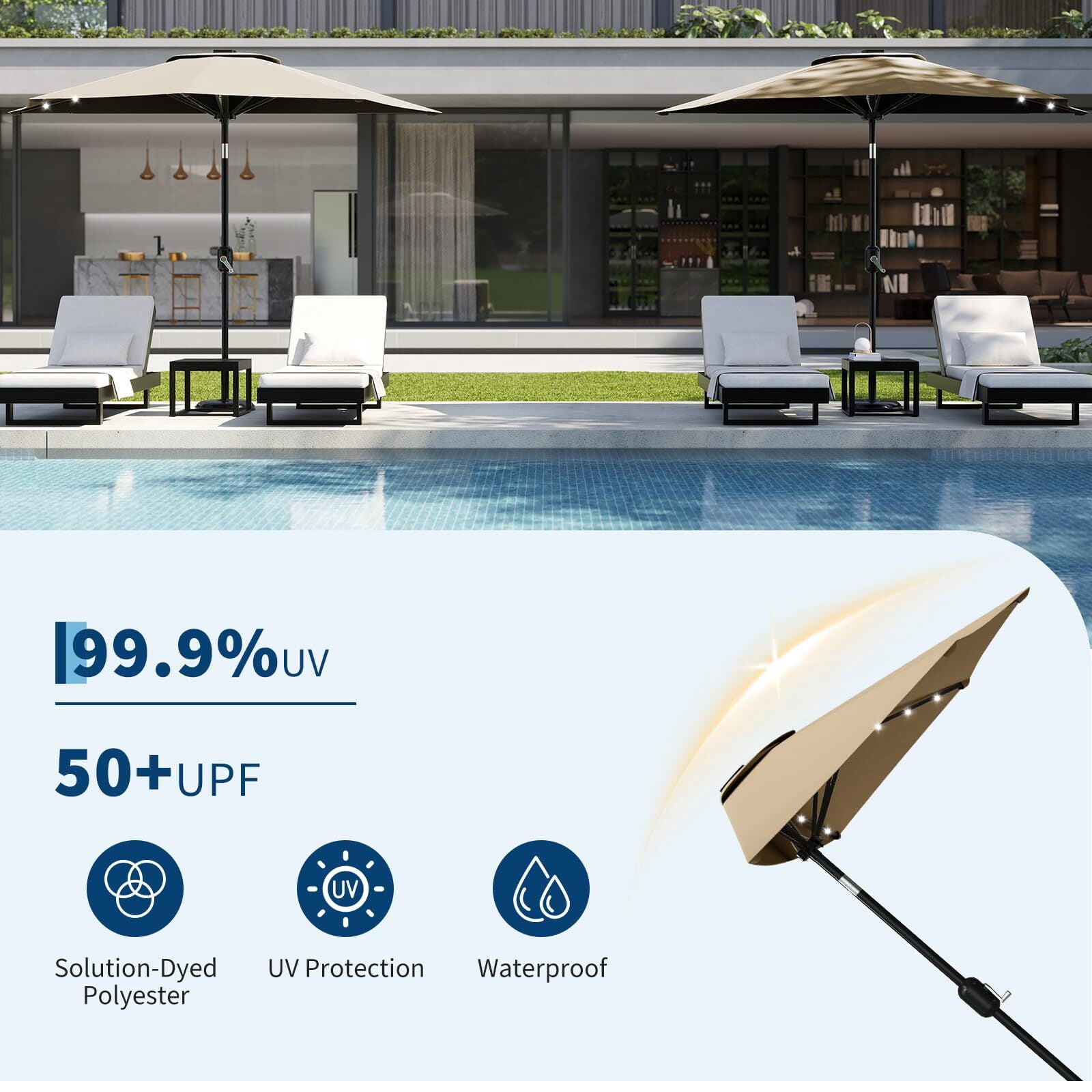Emorefun 9ft Half Umbrella for Patio, Canopy Umbrella with Solar LED Lights and Crank Lift, Tan
