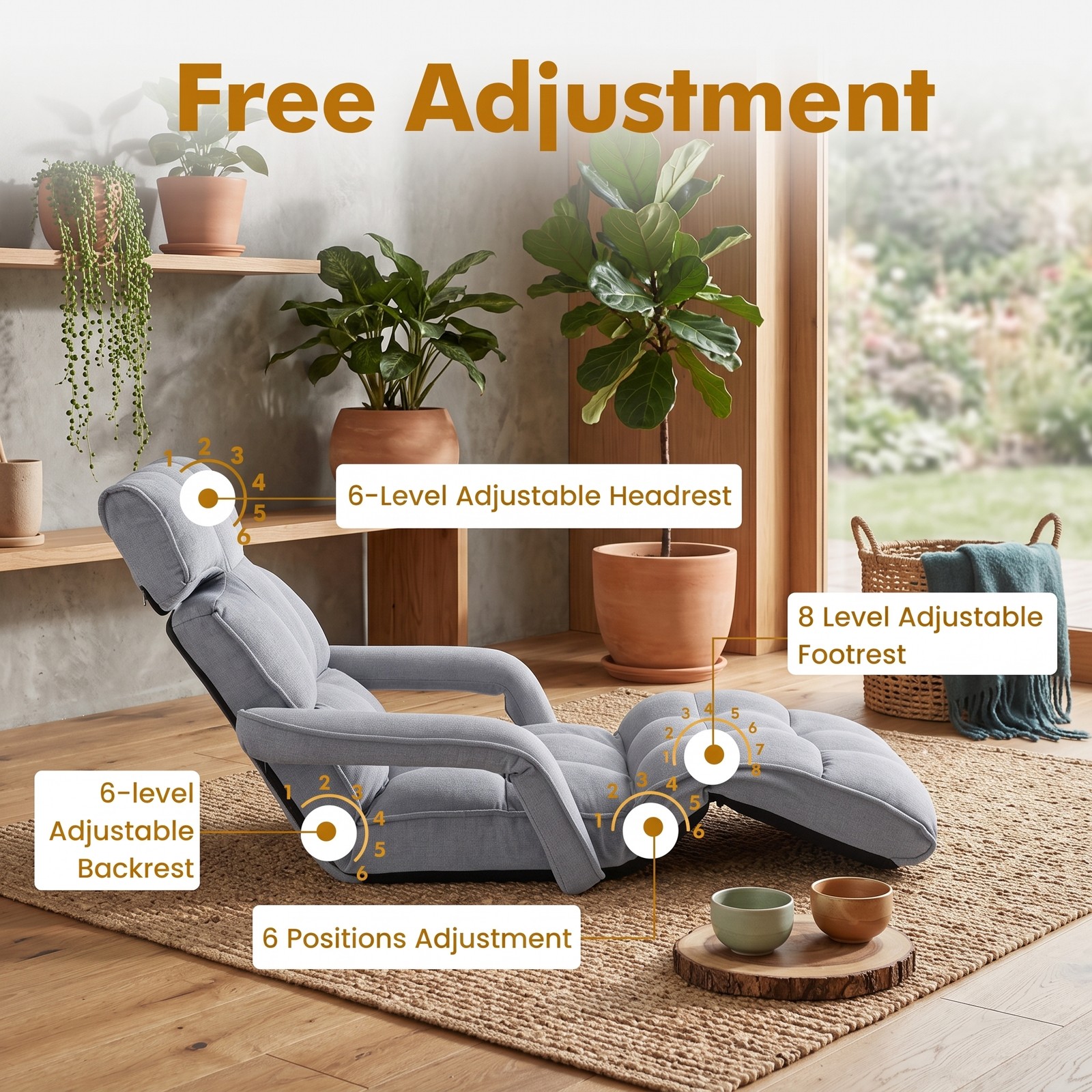 Furnibear 6-Position Adjustable Floor Chair, Foldable Lazy Sofa Recliner with Adjustable Armrests and Footrest, Padded Gaming Floor Sofa Bed for Living Room, Gray