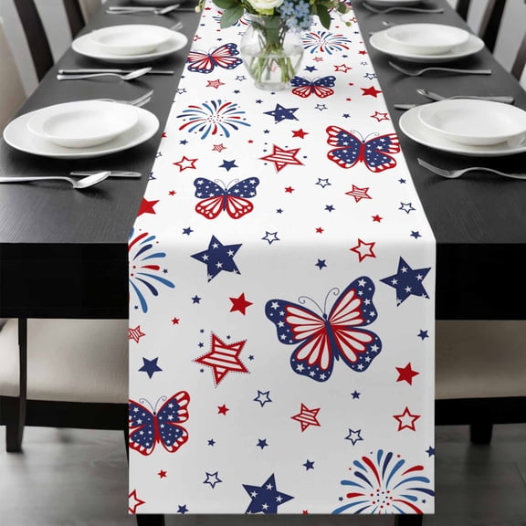 4th of July Table Runner 60 Inches Long, Butterfly Star Blue Red Fireworks Independence Day Kitchen Coffee Dining Table Decoration for Home Party Birthday Wedding Home Decor 13x60 Inches