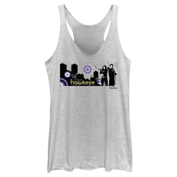 Women's Marvel Hawkeye Cityscape Racerback Tank Top White Heather Small
