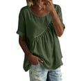 thumbnail image 3 of Loopsun Women Summer Tops Round Neck Short Sleeve Gathered Waist Linen Loose Blouse, 3 of 5