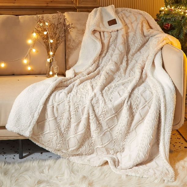 Dearfoams Reverse Sherpa Throw Blanket, Sweater Knit, Ivory, Standard