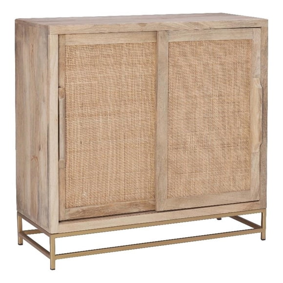 Linon Josie Wood Storage Cabinet 2 Sliding Cane Doors Gold Metal Base in Natural