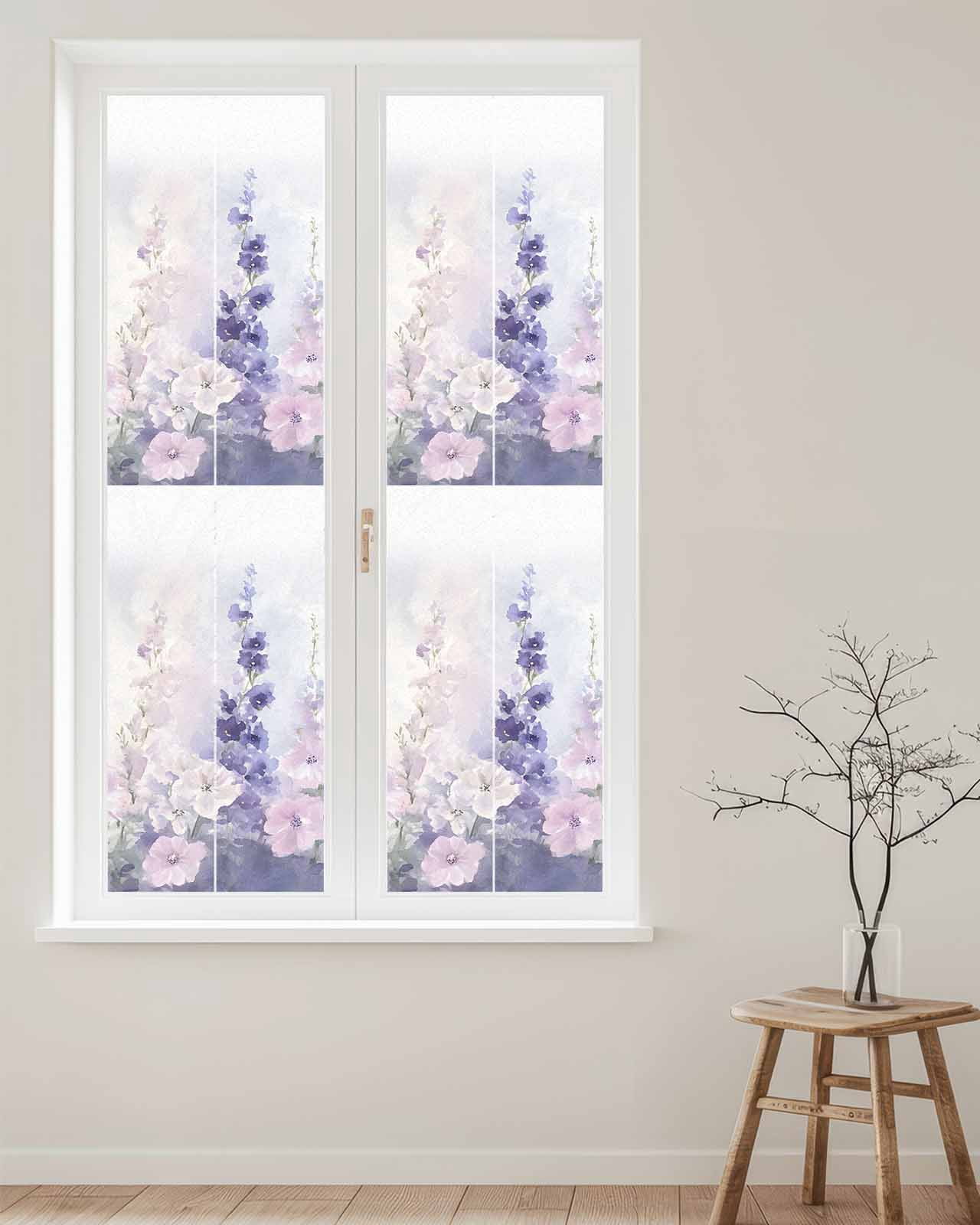 Window Privacy Film Lavender Stained Glass Window Film Decorative Sun Block Window Cover Pastoral Pastel Purple Pink Wildflower Window Clings Static Adhesive Sticker for Bathroom 17.7"x78.7"