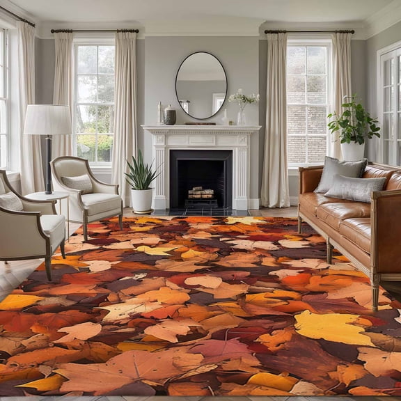 Area Rug for Living Room, Maple Leaf Autumn Non-Slip Indoor Large Carpet for Bedroom/Dining Room, Farmhouse Fall Botanical Leaves Washable Low-Profile Rectangle Floor Runner Rugs - 5 x 7 Ft