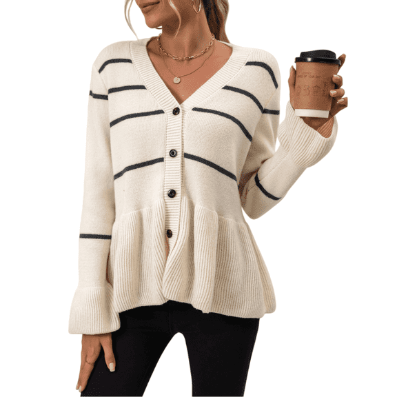 Women's Fall & Winter Casual Ribbed Knit Sweater Cardigan - Beige Striped V-Neck, Long Sleeves, Shell Buttons, S-L Sizes