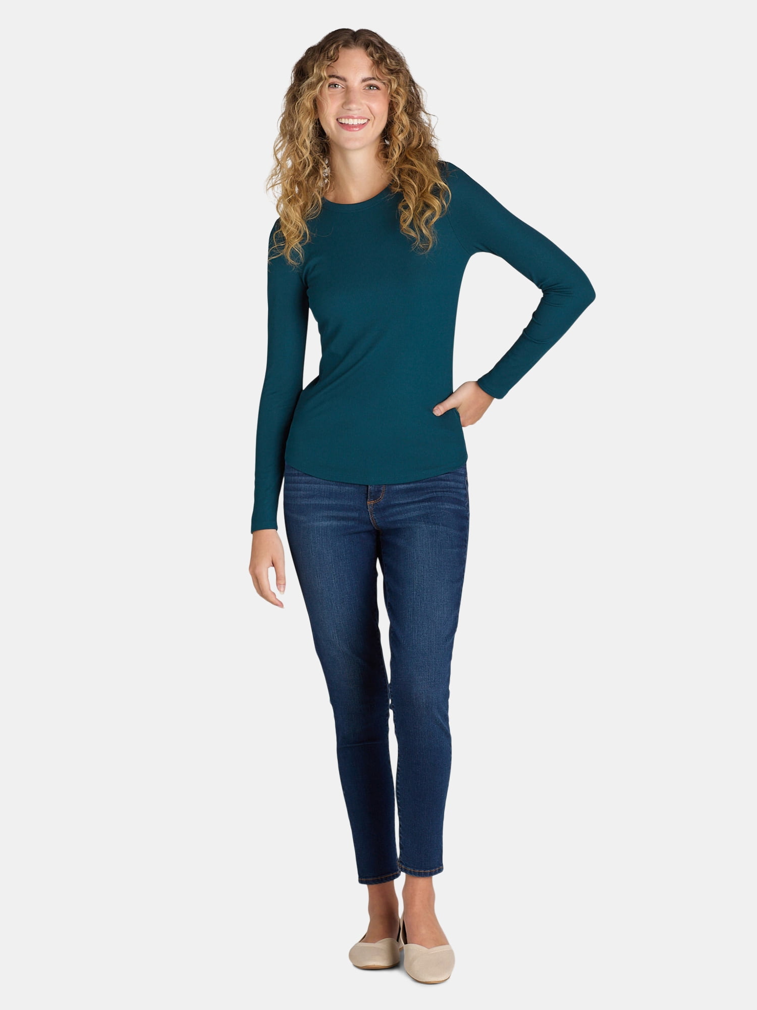 No Boundaries Ribbed Crewneck Tee with Long Sleeves, 1 or 2-Pack, Women's & Women's Plus XXS-XXL