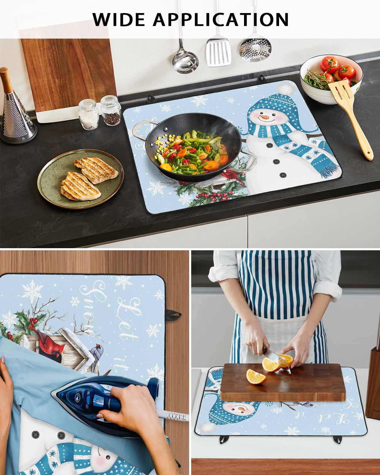 Large Induction Cooktop Protector Mat Blue Snowman Christmas Stove Top Covers for Electric Stove, Xmas Snowflake Birds Berry Winter Decorative Stove Burner Cover Mats, Glass Top Stove Cover