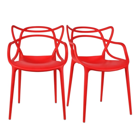 2xhome Set of 2 Modern Contemporary Designer Dining Chairs Molded Plastic Indoor Outdoor Patio Elbow Chairs, Red