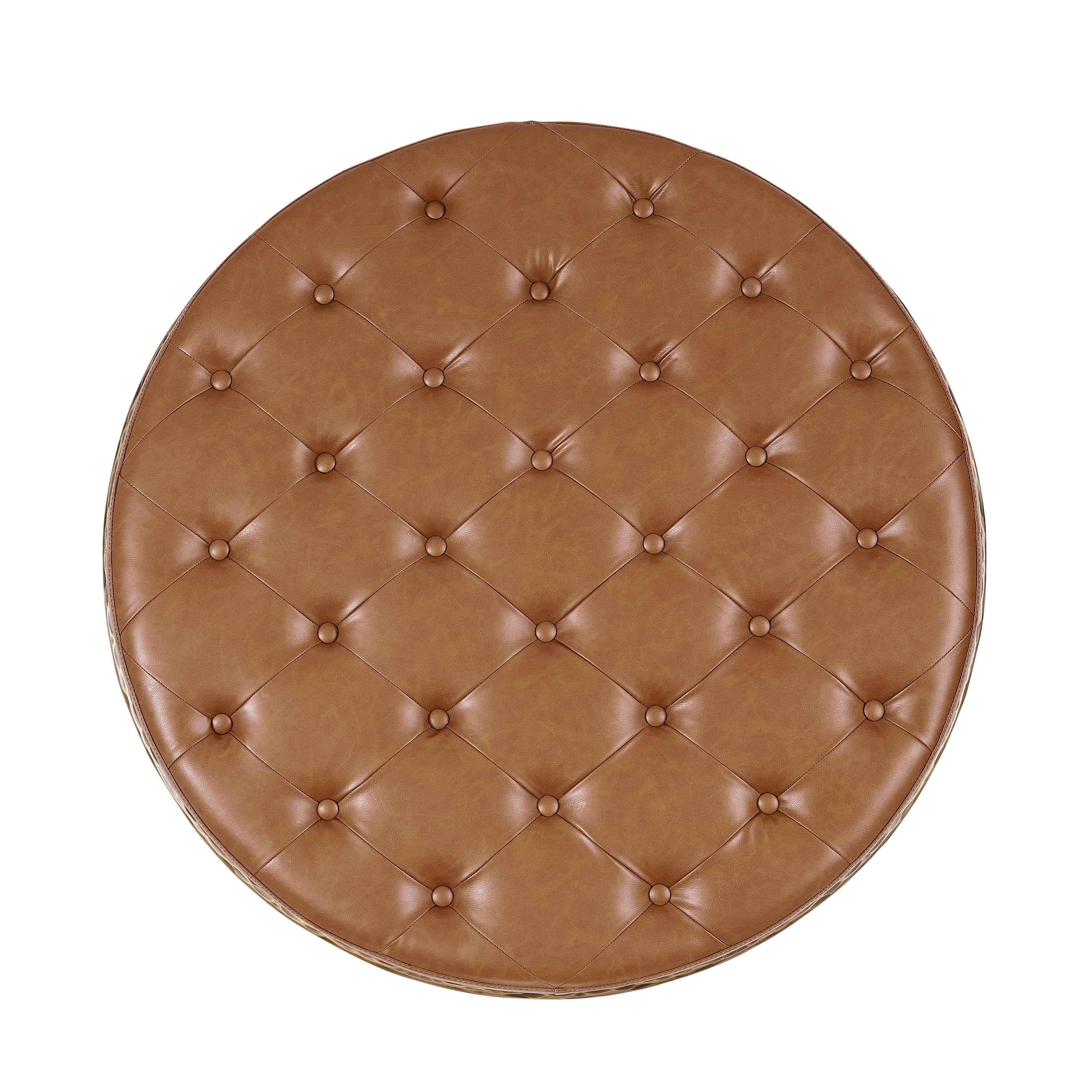 GARITIN Round Tufted Ottoman 36 Inch, Large Upholstered Footstool Coffee Table with Hammered Metal Frame for Living Room, Brown