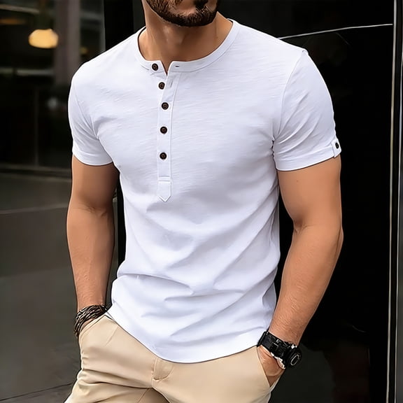 DPTALR Men's Solid Color Henley Shirt,Short Sleeve Button Henley Tee with Waffle Texture,White,Big Men's,Tall Men's XL,Young Men's Shirts