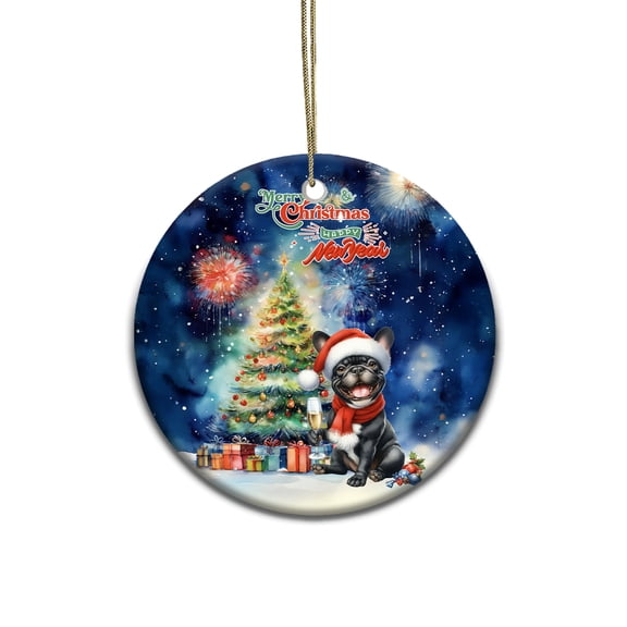 Merry Christmas and Happy New Year Santa French Bulldog Holiday Xmas Winter 2025 Ceramic Round Ornament Dog Lover Gifts Home Tree Decor - 00024