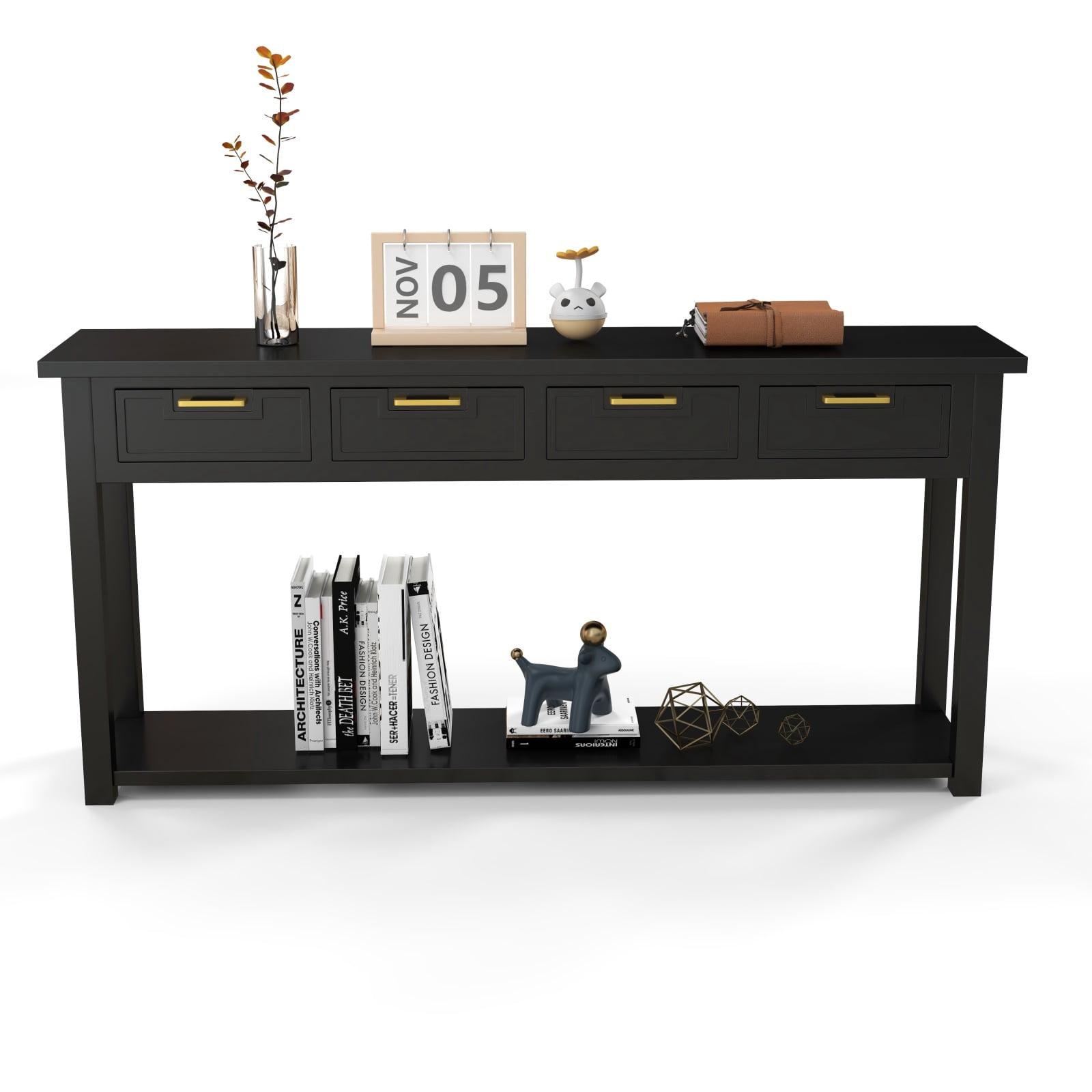 Kinsuite Black Entryway Table with 4 Drawers - Modern Console Table with 1 Bottom Shelf Living Room Furniture Wood Hallway Table Entryway Table for Living Room Bedroom Kitchen, Black