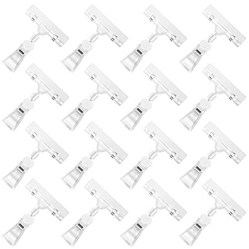 Mlici 16 Pieces Clear Sign Clips, Plastic Merchandise Rotatable Pop Clip Sign Holder Stand, Swivel Price Clips Clothing Rack Signs, Double Display Clips for Retail, Baskets, Cards