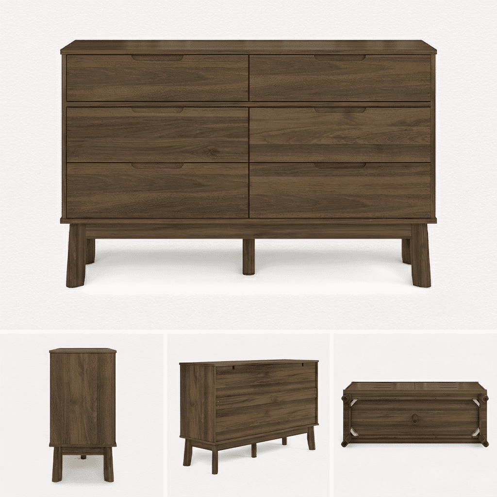 YAURA 47" Wide Walnut Dresser, Mid-Century Modern 6-Drawer Double Dresser, Dark Wood Horizontal Storage Chest for Bedroom
