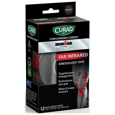 Curad Performance Series IRONMAN Far Infrared Kinesiology Sports Tape, 2"x10" Strips, Black,12 Precut Strips Per Box