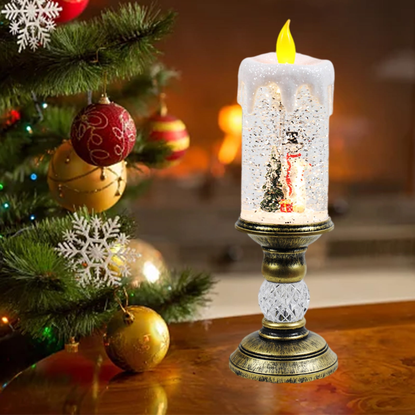 Dengmore Christmas Ornament Resin Luminous Santa Snowman Imitation Candle Light with Music Box LED Flameless Flickering Candle Lights Retro Night Light for Living Bedroom Xmas Decor
