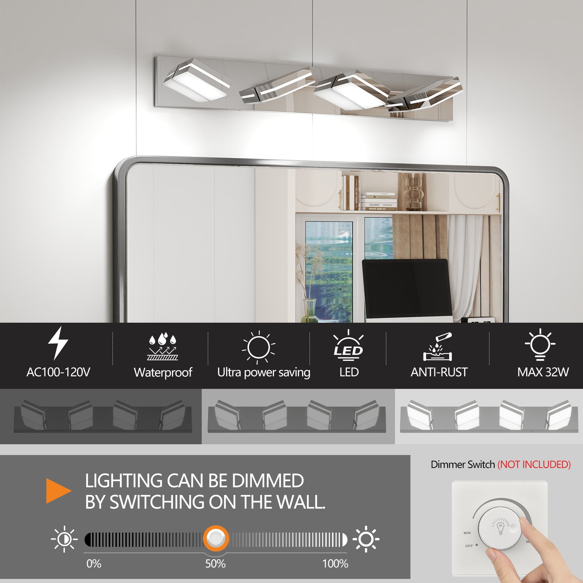 Jopath Modern 4-Light Wall Sconce for Bathroom and Mirror, LED Vanity Light Fixture with Sleek Minimalist Design, Elegant Over Mirror Vanity Light for Bathroom Vanity Mirror Chrome